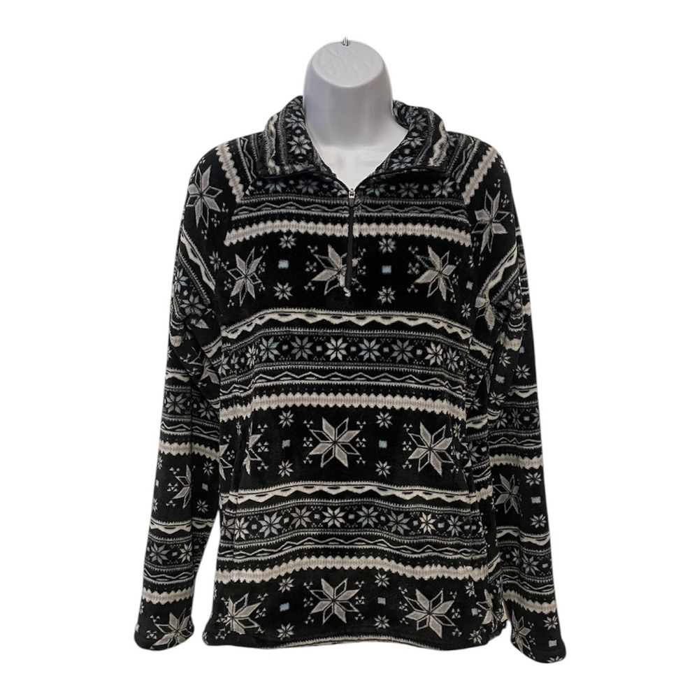 Eddie Bauer Women's Fleece Quarter Zip Pullover Snowflake Print Black Gray‎  M